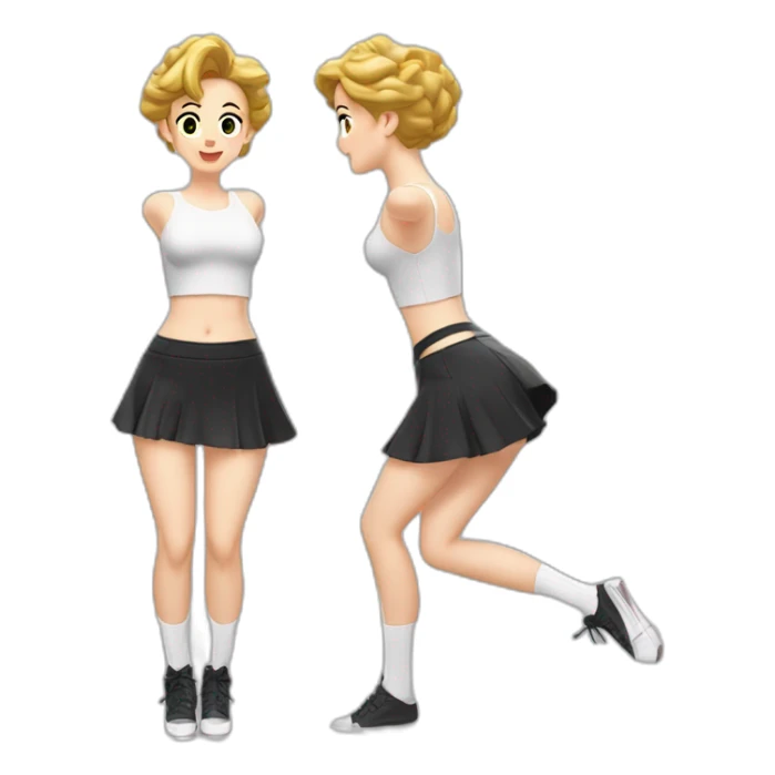 alistic-full-body-caucasian-curvy-фигуристка-jumping-short-black-skirt-back-and-front-views-strong-wind-white knickers-long-white-socks sticker