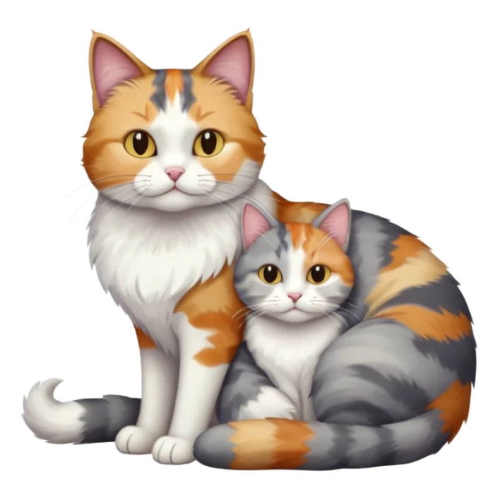 full body colourful light patched calico + white tabby cat cuddling a large grey and white cat  sticker