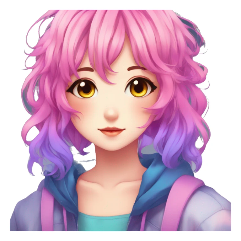 Gorgeous anime style shojo character with blushing face aesthetic and pretty colorful shiny gradient neon hair with hair garment trending style sticker