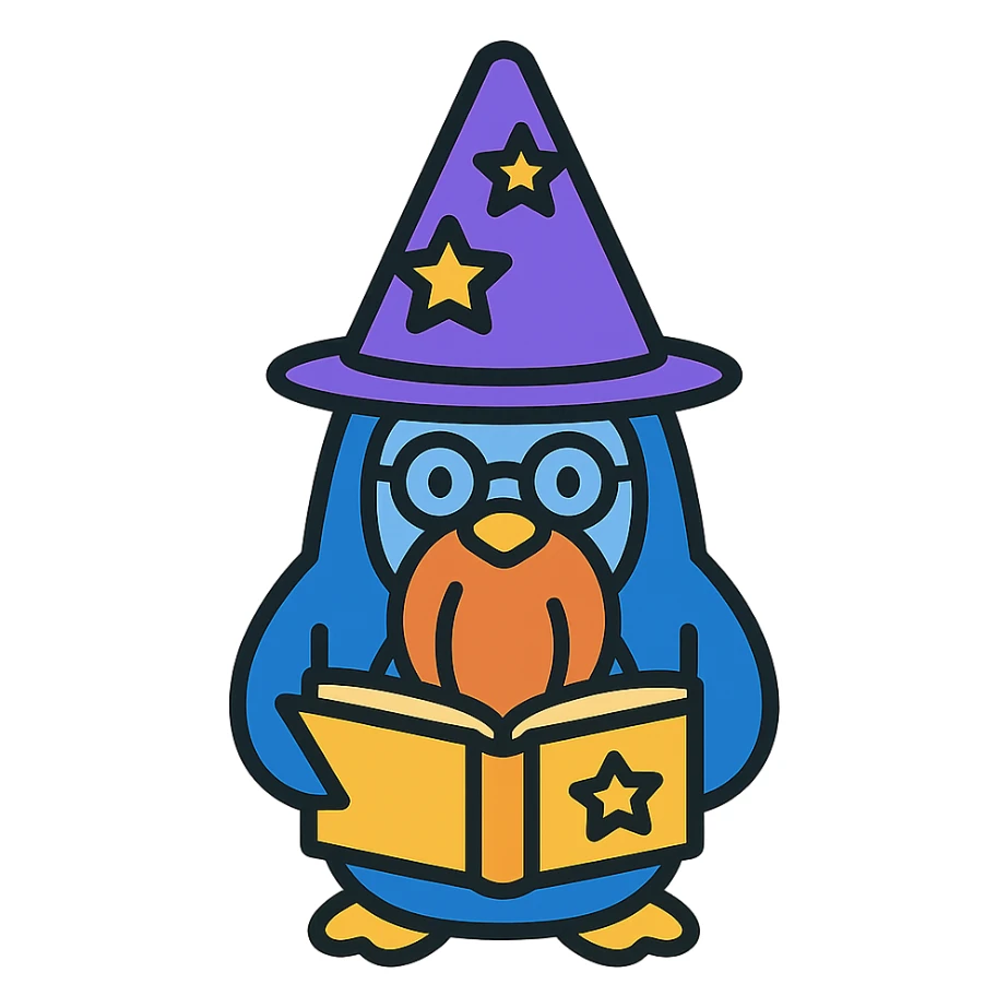 a stylized penguin wizard with glasses, a long beard, and a magical book, in a modern flat icon style sticker