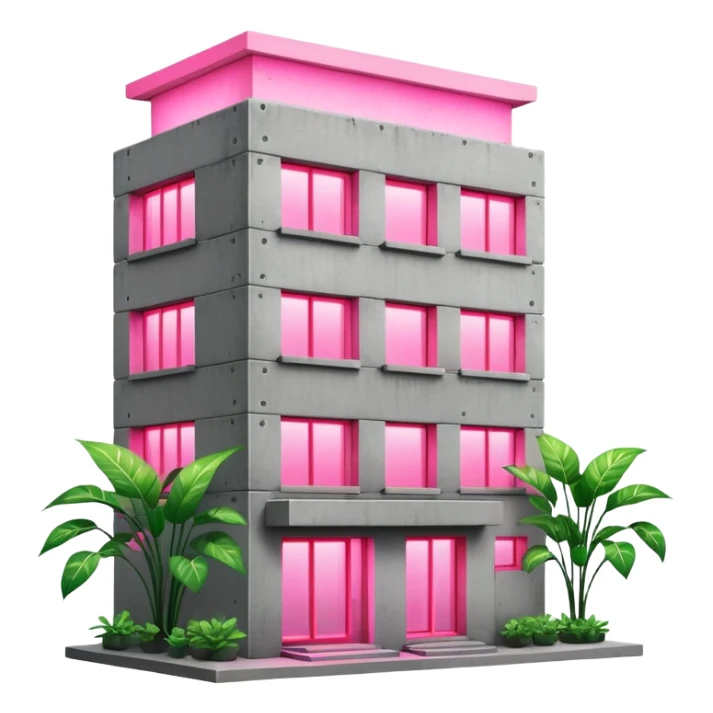 Soviet-style concrete panel apartment building block with neon pink light glowing from one window for indoor plants sticker