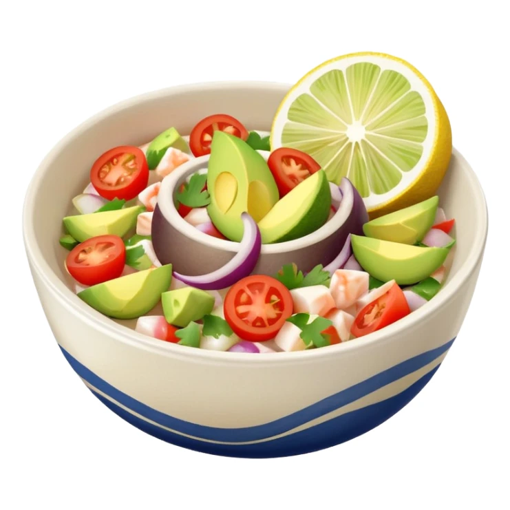 Mexican fish ceviche with lemon and sliced tomato, avocado and onion in a small bowl, fresh and colorful sticker