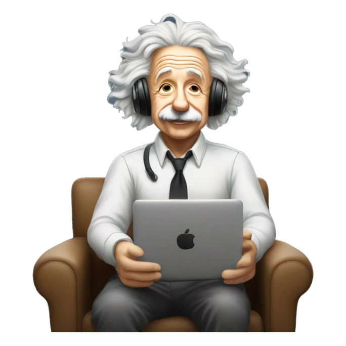 albert einstein happy listening music with wireless headphones while sitting on the chair sticker