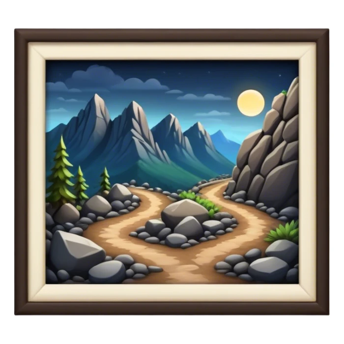 mountain 2 crossroads trails with rocks  two trails—one illuminated,, and one in darkness, representing reaction.  sticker