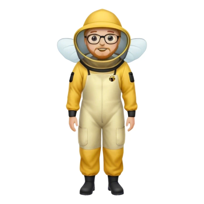 full body medium plus size male bee keeper in yellow and black with short light strawberry blonde hair and goatee wearing glasses with bee keeper hat sticker