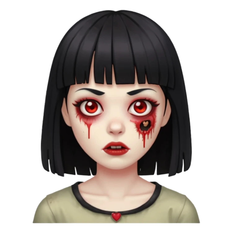 zumbie com cabelo preto e liso de franja vegana e olhos vermelho sticker