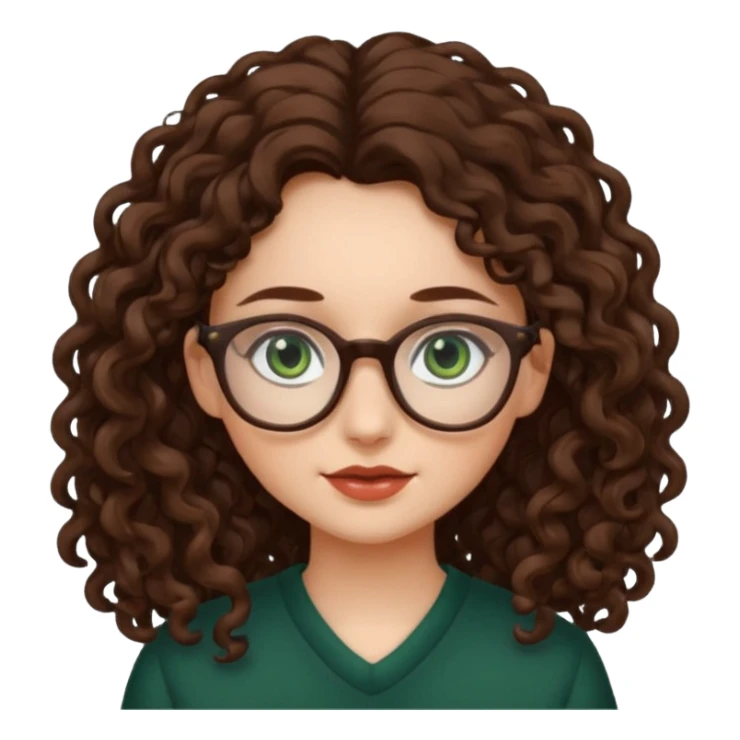 rapariga, olhos verdes escuros, cabelos compridos aos caracóis, com óculos sticker