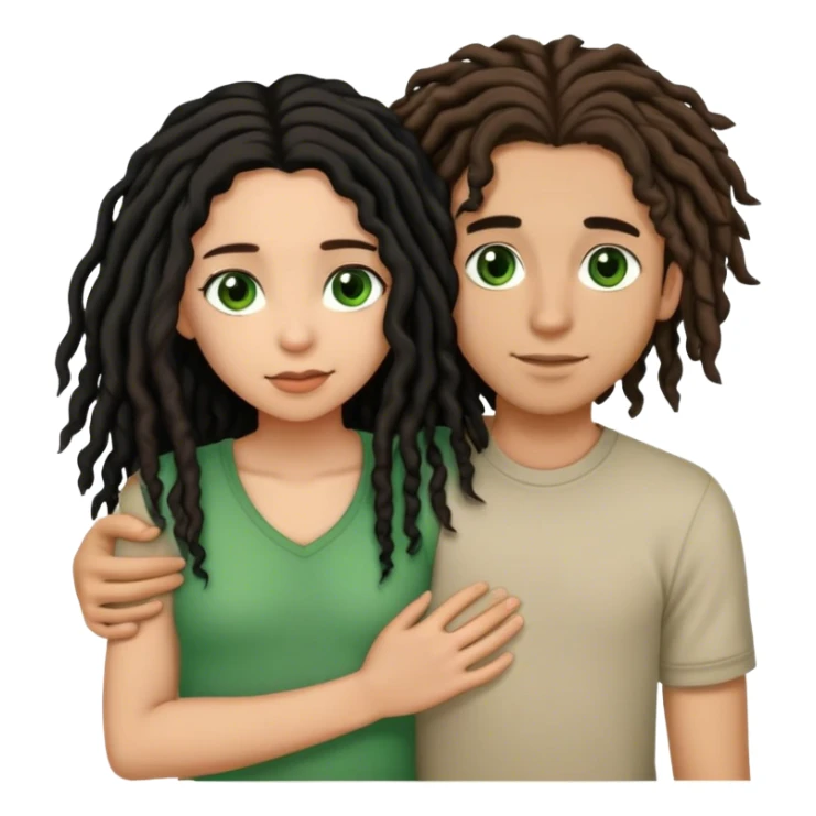 couple holding eachother. boy is light skinned, short brown dreads, and green eyes.girl is light skinned, long curly black hair, and brown eyes. sticker