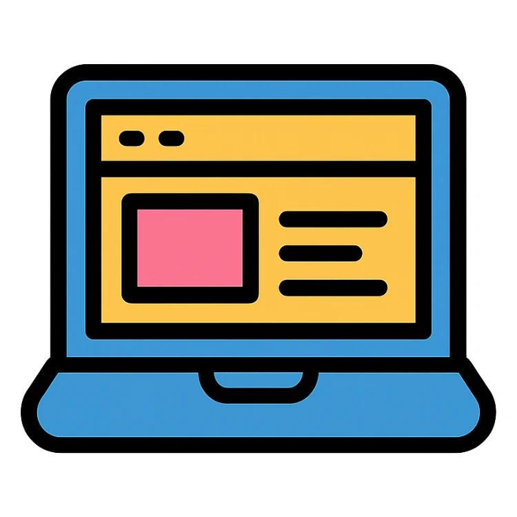 a stylized laptop with a website interface visible on the screen, flat design, icon style sticker