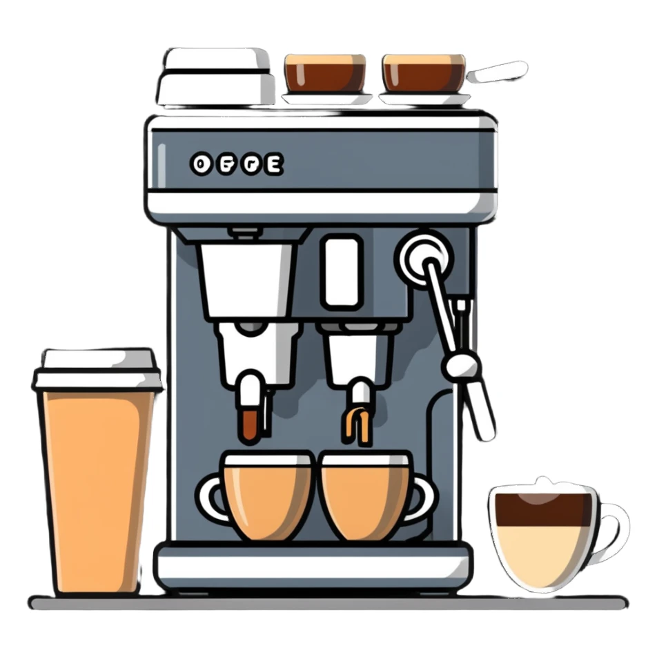 coffee shop items: espresso machine, milk frother, and coffee menu board sticker
