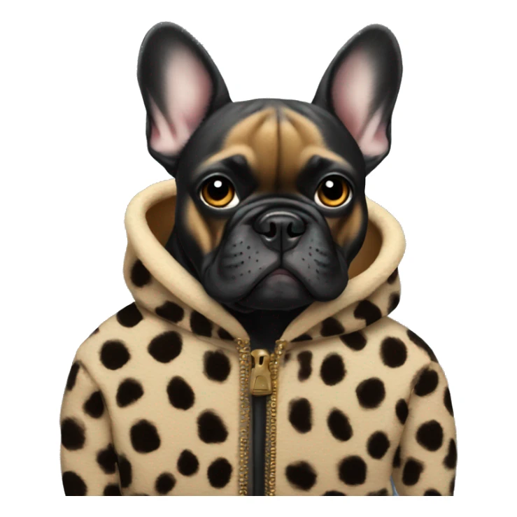 Black French bulldog wearing a cheetah coat sticker