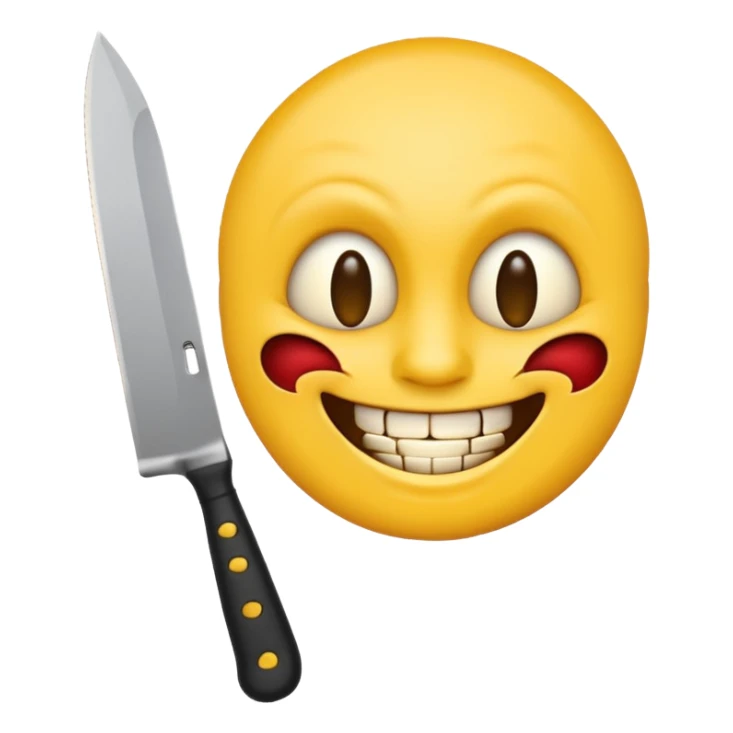 yellow emoji with a knife, psychopathic look, and a smile sticker