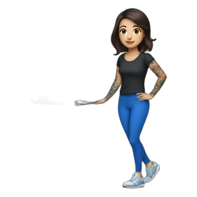 Short brunette, leggings, blue walking shoes, tattoo sleeve, laptop sticker