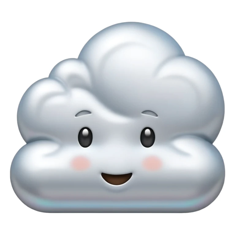 A cute cloud emoji made of silver chrome, smooth rounded shape, glossy metallic surface, soft reflections, minimal and friendly design, iOS emoji style, centered, clean white background, soft lighting sticker