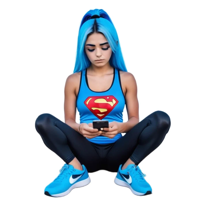 Shameful disappointed crying-very very very very big chest-texting on a samsung cell phone-very long straight flowing black to sky blue hair ombre-blue eyes-black eyeliner-long eyelashes-plastic sparkling sky blue very low cut tank top with sparkling superman logo-black leggings-nike sneakers sticker