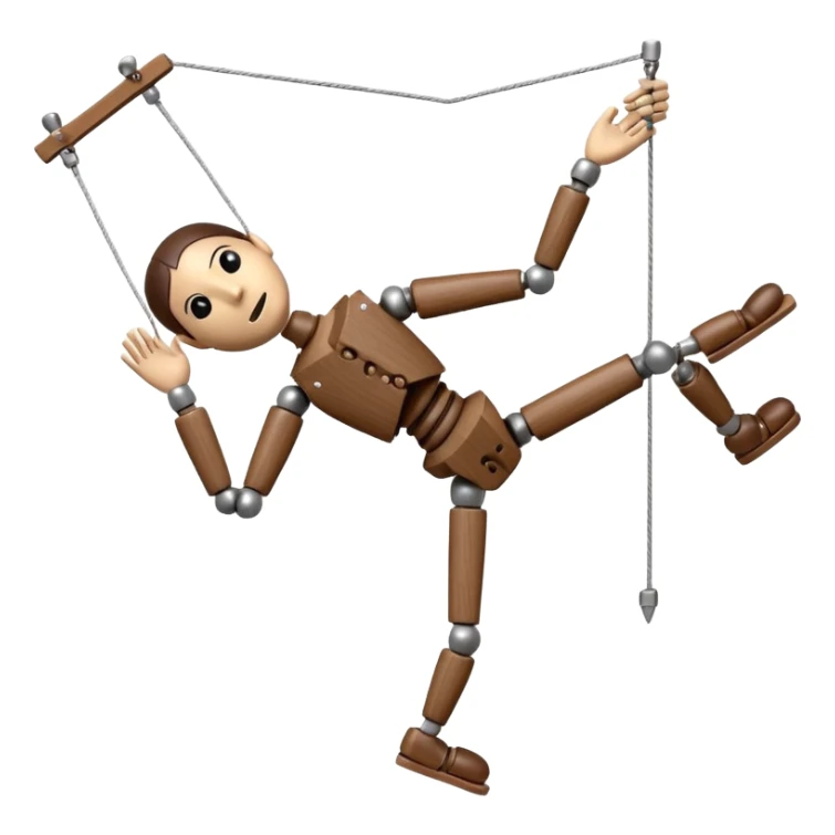 3D render of Broken Puppet as a wooden marionette puppet, Strings cut, slumped over, silver metal screw joints at elbows and knees, polished brown wood texture, rigid toy pose, emoji style, isolated on white background --v 6.0. sticker