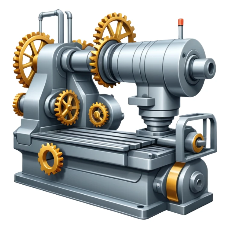 An icon featuring a giant machine tool in a factory, manufacturing machines. The design includes gears, mechanical parts, and a production line, representing the art of mechanical engineering and industrial design. Transparent background highlights precision engineering and manufacturing processes. sticker