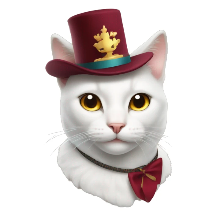 
white cat with a New Year's burgundy hat on his head and a collar sticker
