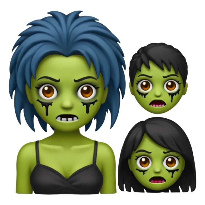 faça uma boneca zumbi estilo emoji do iphone com cabelos pretos cacheados sem muito volume e olhos pretos  sticker