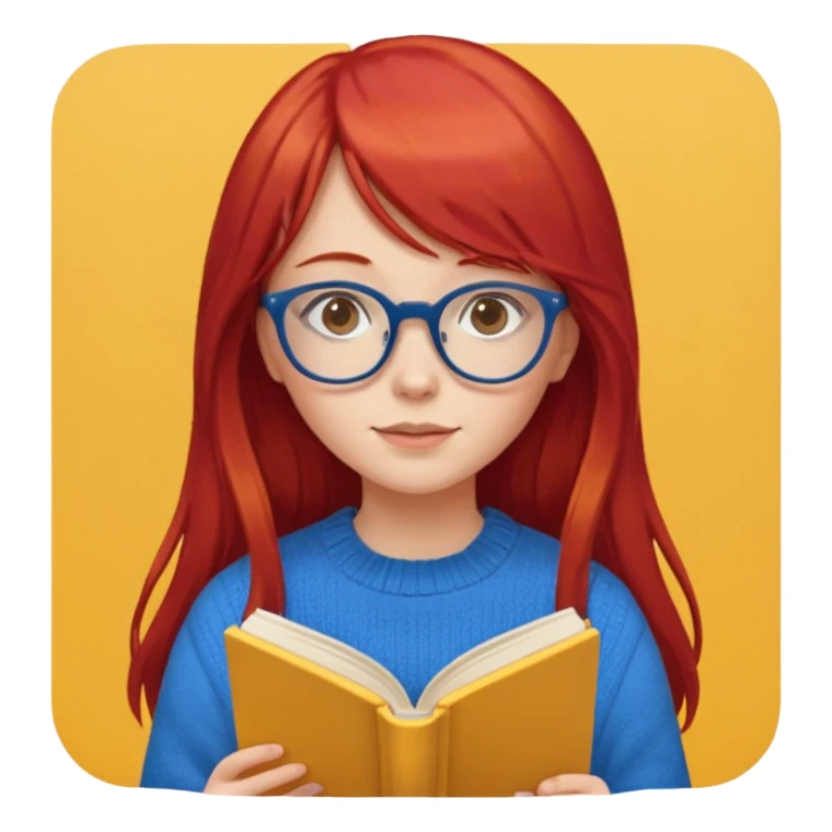 a girl with long red hair and bangs with glasses wearing blue sweater reading a yellow cover book sticker