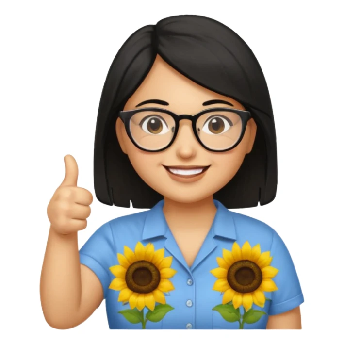 Make my biology teacher shes light brown, wears glasses, female, fat, sunflower shirt under and make her give 1 thumbs up and she has black hair and chubby sticker