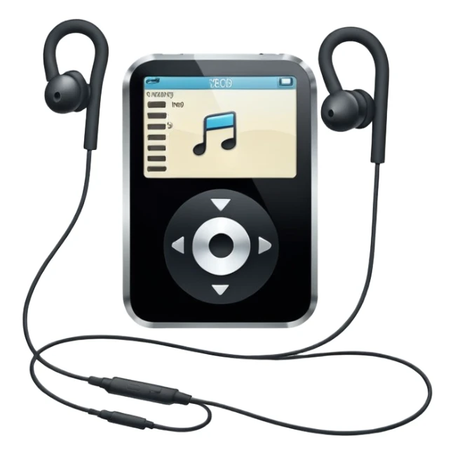 Futuristic iPod emoji with earphones, metallic black and white, smooth reflective surfaces, flat minimal vector design, clean UI style sticker