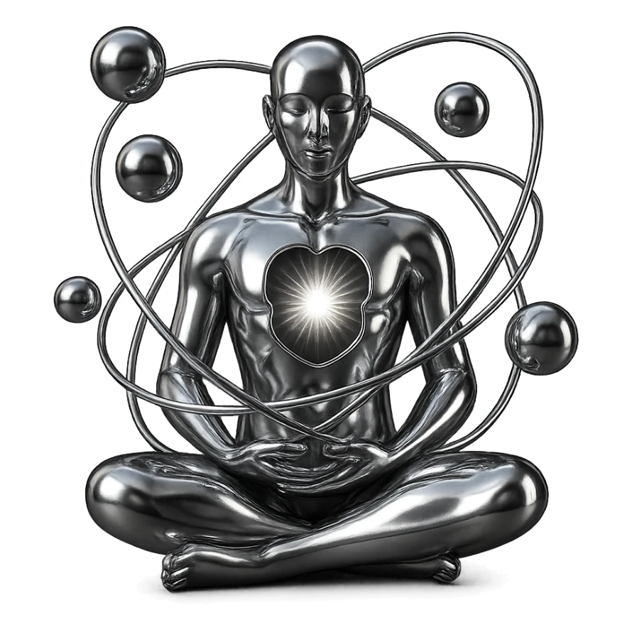 stylized chrome meditating figure with open chest emitting radiant energy, spiraling spheres around, futuristic and smooth sticker