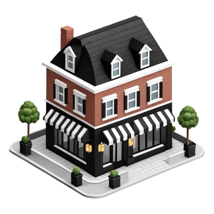 Isometric exterior little black and white upscale steakhouse restaurant dollhouse style 3D realistic  sticker