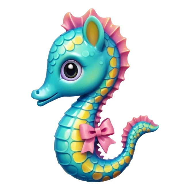 cute seahorse with glossy plastic finish, oversized sparkling eyes, miniature body, cheerful smile, blushing cheeks, intricate textures, pastel and bright accent colors, tiny bow accessory, rich shading sticker