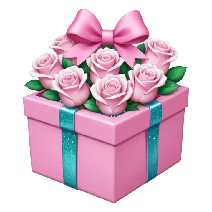 White roses in a pink box with a pink bow and glitter sticker