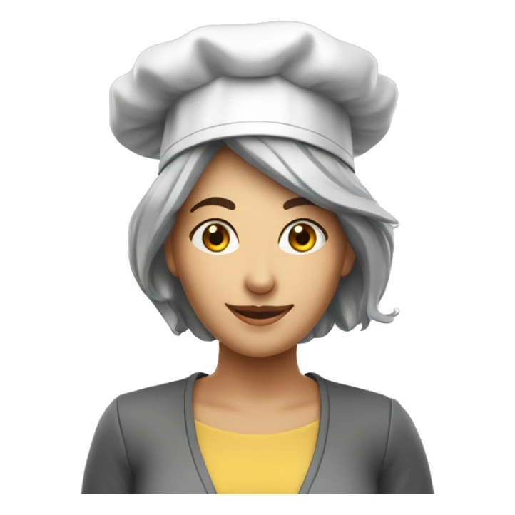 A full scale lady with a cooking hat and spoon her hair is grey, and she stands in front of the camera and smiles sticker