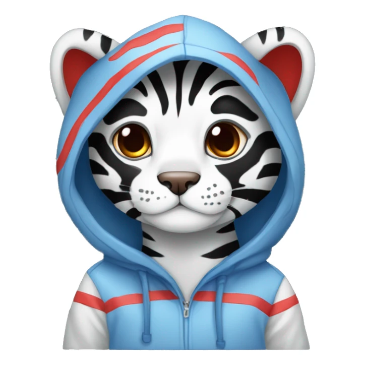 telegram sticker a A blue tiger with red stripes, red ears on the inside and black ears on the outside wearing a hoodie sticker
