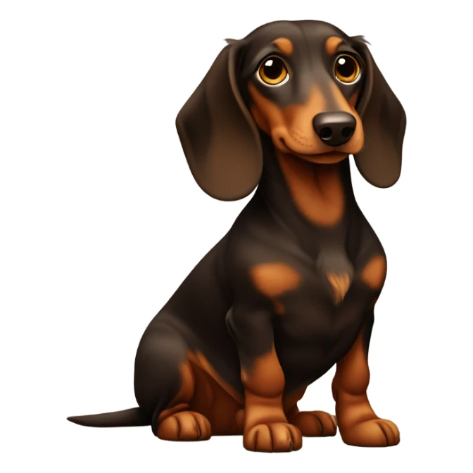 Long haired Brown dachs with Brown nose and gold eyes full body sitting in front of christmas tree sticker