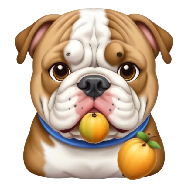 English bulldog blue and tan with fruit sticker