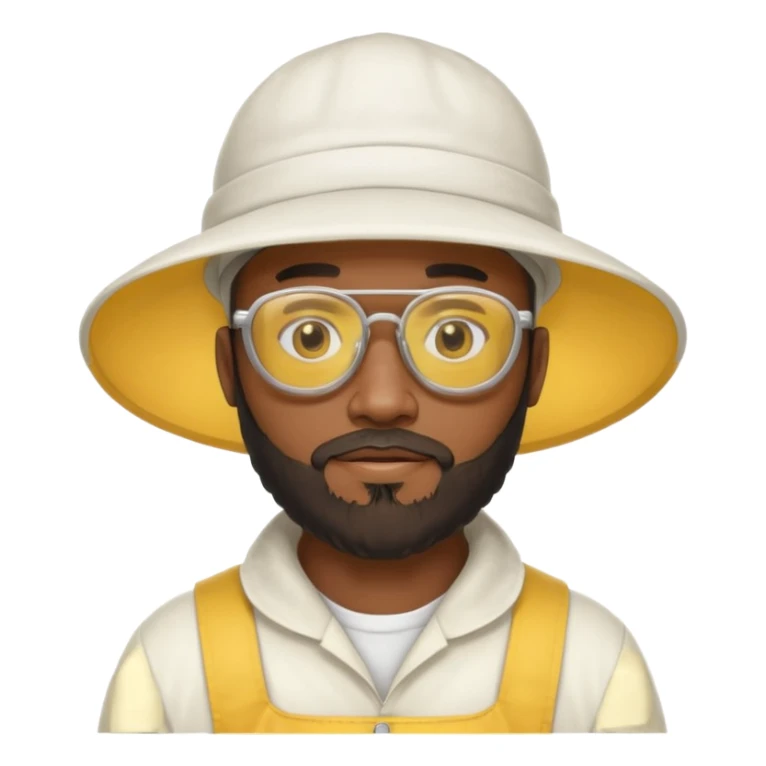 black male bee keeper with beard, white hat and yellow glasses, white outfit,  sticker