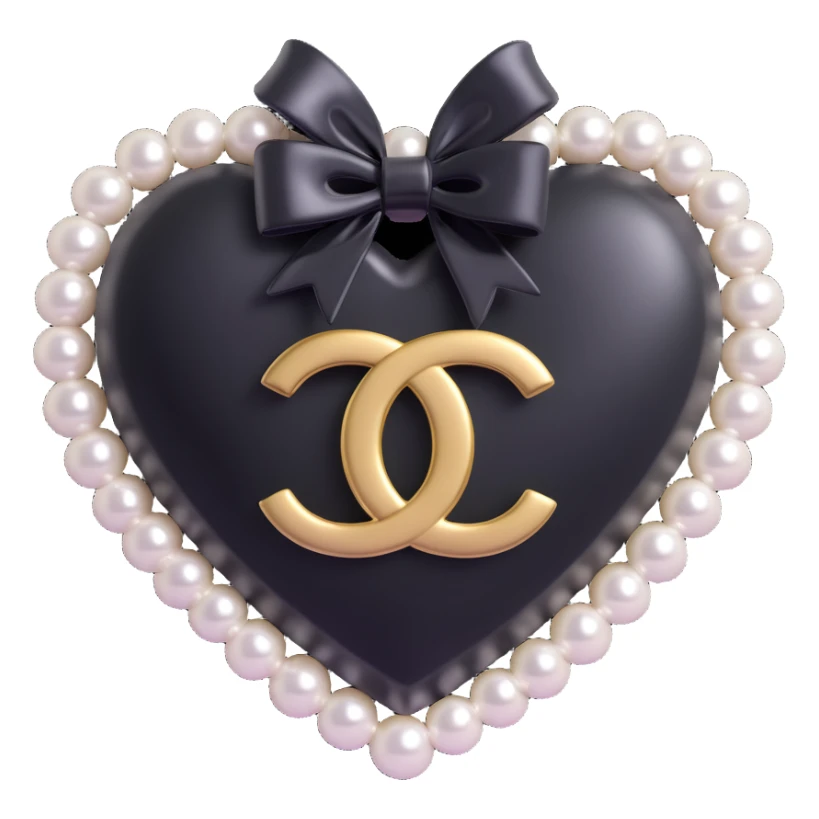 Add a black bow to the heart with pearls and gold Chanel logo, keep it elegant, glossy, black and white, 3D emoji style. sticker