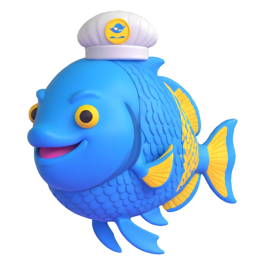 blue fish with detailed scales, smiling, front view, white cap with centered Pescadería Buenos Aires logo sticker