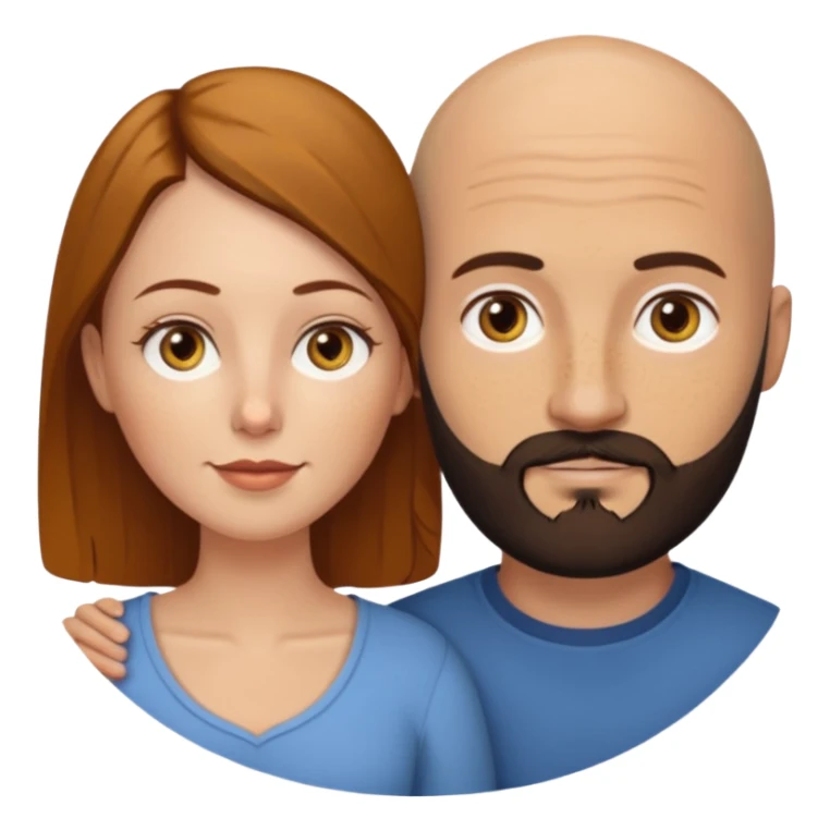 Couple. Bald man with dark brown-black beard. White woman with many small, faded freckles, white skin and she has auburn-yellow-brown-caramel, dark hair. She has light yellow-brown eyes. The man have hazel eyes. They are inside a big heart. sticker