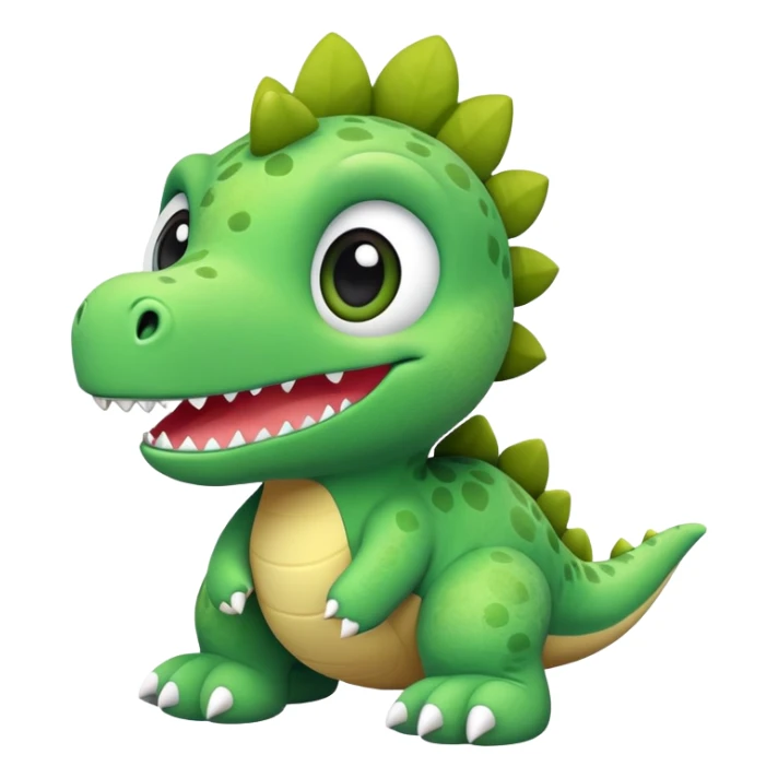 A green plush toy dinosaur with big eyes and a cute smile sticker