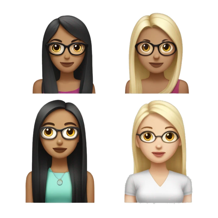 four girlfriends one with black straight hair with white skin arab, the second asian with black straight hair that shimmers into blond, the third asian with brown straight hair, the fourth russian with glasses with brown straight hair sticker