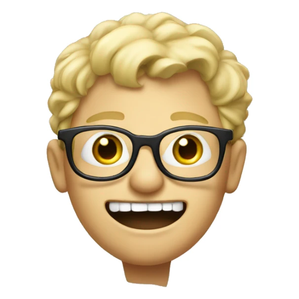 A blond young boy with glasse and a very big mouth and a 3 days barb sticker