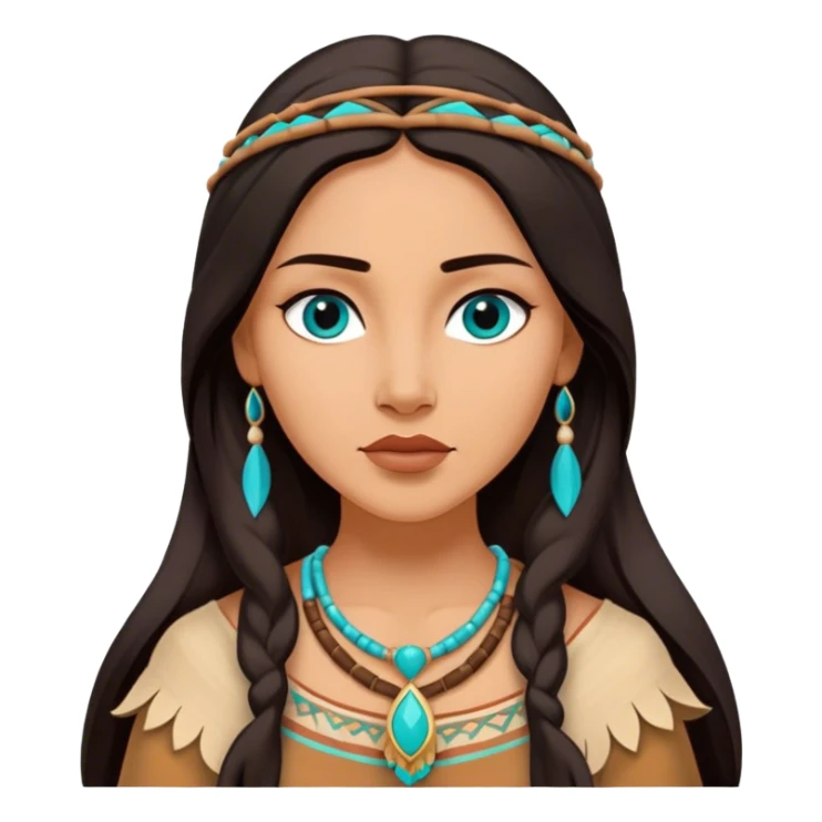Cinematic Elegant Pocahontas Portrait Emoji, rendered in a realistic, vector-style with minimal shading and bold, simplified shapes. Depict Pocahontas (chest and above) with warm, sun-kissed skin, long, flowing dark hair, and gentle, wise eyes, wearing traditional attire in earthy tones with hints of turquoise. The image glows with a soft, natural radiance and high shine, embodying timeless indigenous beauty. sticker
