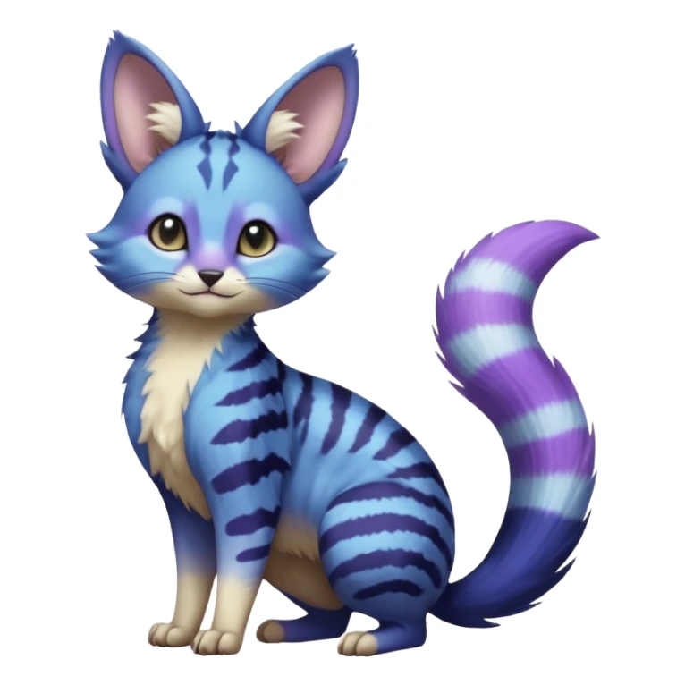 Blue-indigo-purple-violet-gradients divine beautiful elegant pretty precious cute young youthful  Fakémon-Pokémon-alien-opossum-feline-serval-caracal-chinchilla-Minccino-hybrid-creature with a big fluffy bushy striped tail (full body) sticker