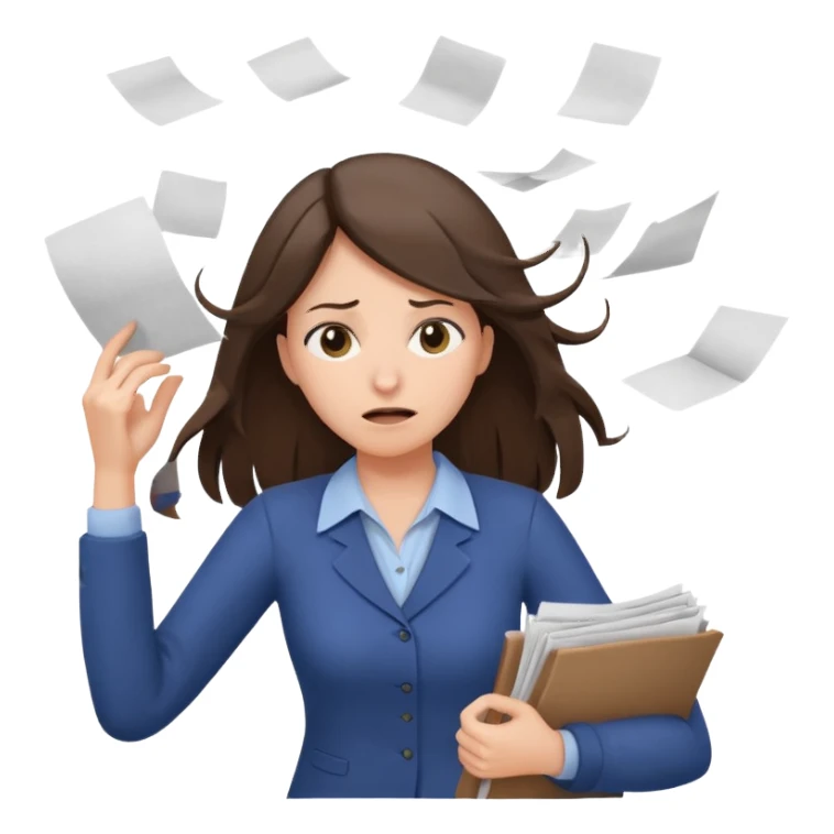 female teacher pulling her hair with stressed face, papers flying everywhere, brunette sticker