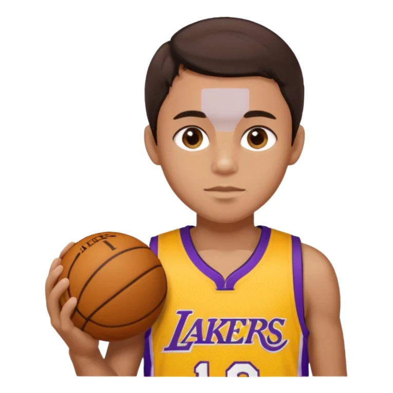 Boy with dark brown hair and Hazel eyes and a Lakers jersey sticker