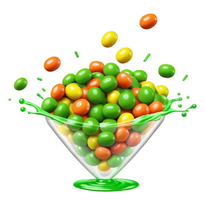 Skittles candy package with green candies spilling out, minimalist sticker
