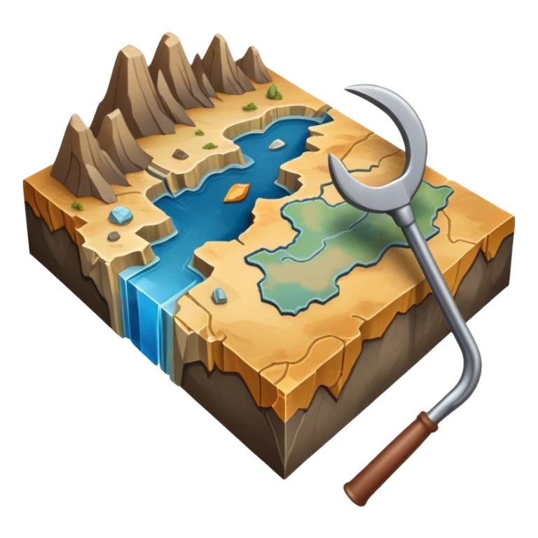 An icon featuring a crowbar and a geological map, and layers of Earth’s crust, symbolizing geology. The design includes mineral samples, fossils, and tectonic plates, representing the study of Earth’s structure and natural processes. Transparent background highlights geological exploration sticker