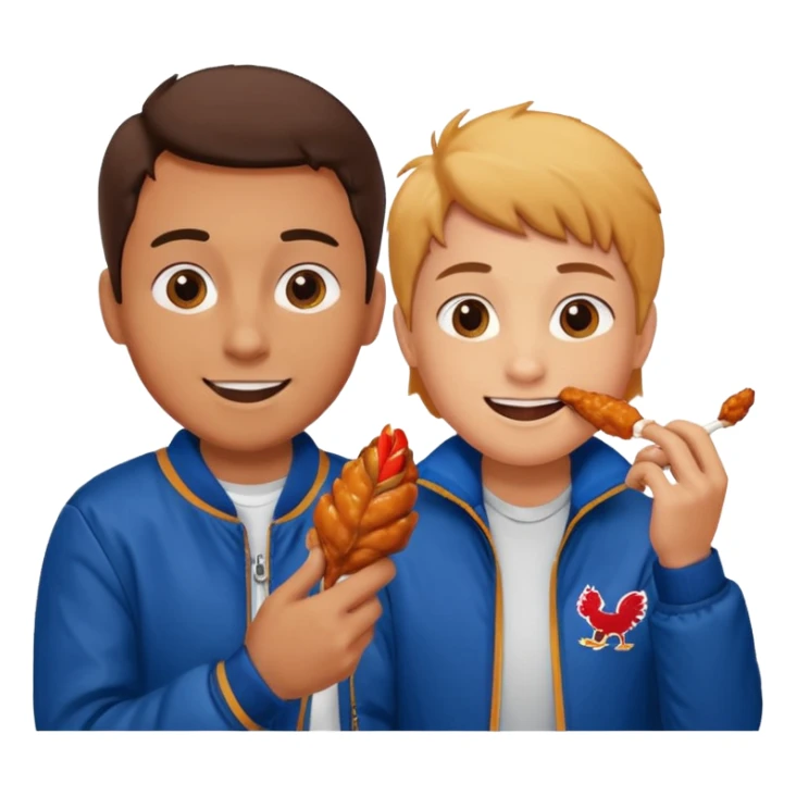 Human eating a chicken wing while watching hockey wearing a jacket with his friend smiling beside him. sticker