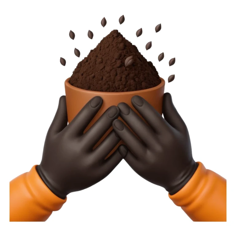 A 3D cartoon pair of gloved hands holding rich dark soil, small bits falling between fingers, bright garden background, soft light, Memoji-style realism. sticker