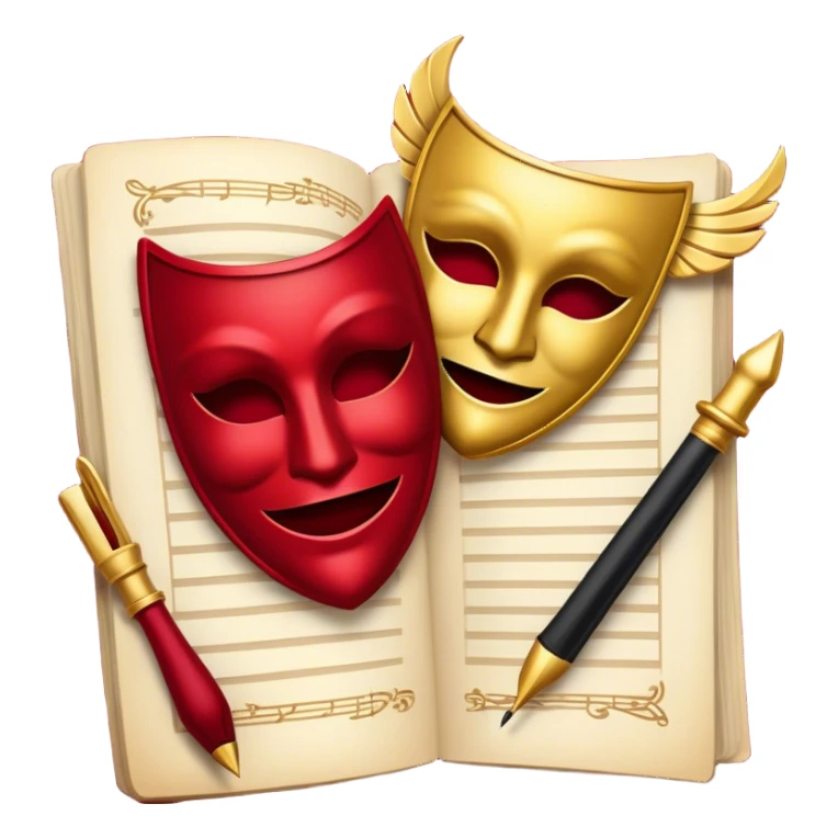 Create a bold and dramatic emoji representing the art of playwriting. The design should feature an open script or a theater playbook, with stylized text lines or dramatic dialogue inside. Include elements like a theatrical comedy and tragedy masks, a stage spotlight, or a writting quill to symbolize creativity and performance. Use deep, contrasting colors like red, black, and gold to evoke the intensity and passion of drama. The overall design should feel dramatic, inspiring, and artistic. Make the background transparent. sticker
